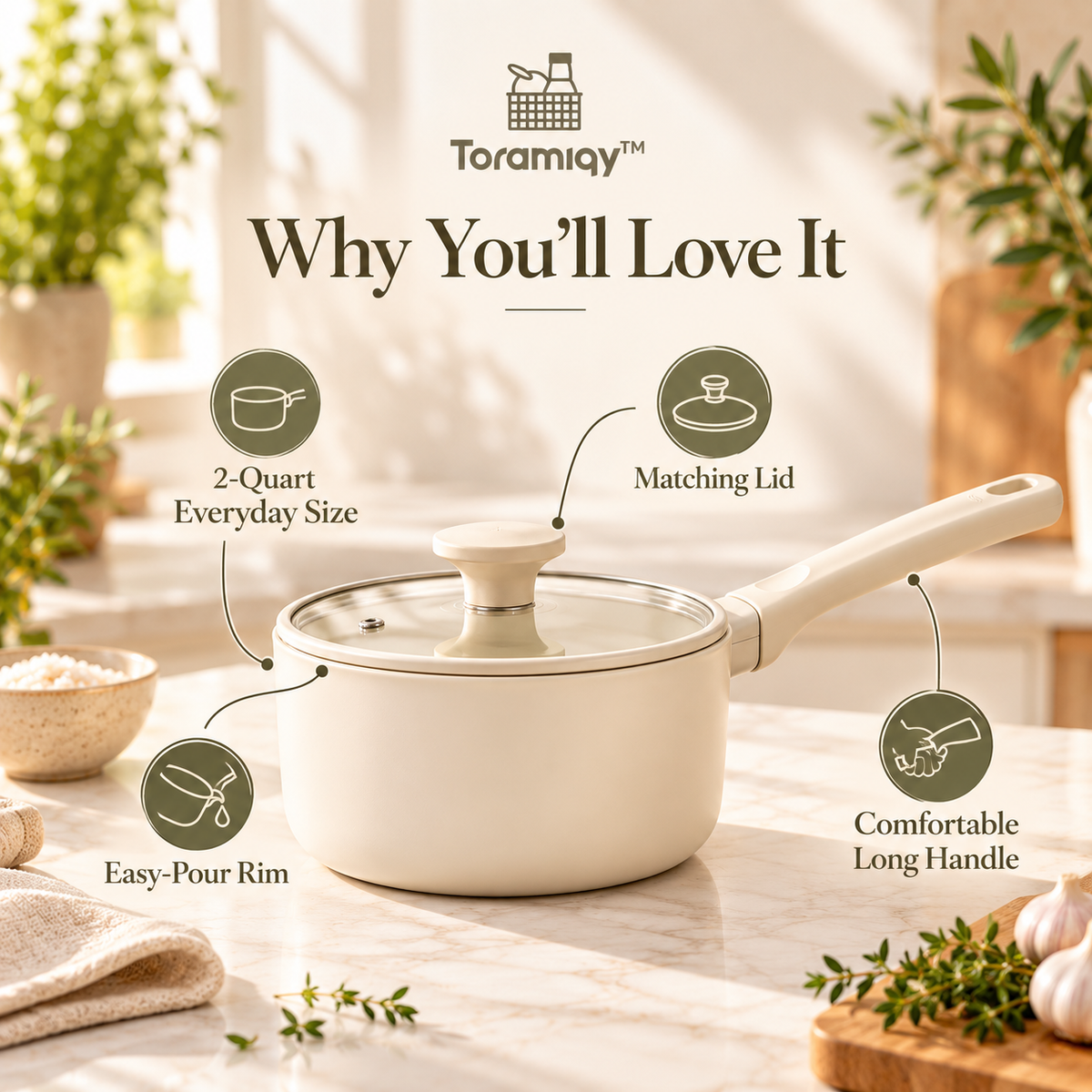 Toramiqy™ Ember Pot – Modern 2-Quart Cooking Pot with Lid, Premium Saucepan for Soup, Sauce, Grains, Stew & Daily Cooking