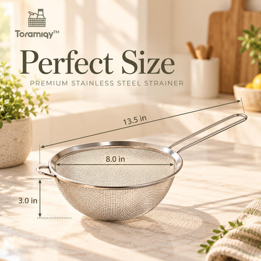 Toramiqy™ Ritual Strainer – Premium Stainless Steel Fine Mesh Strainer, Kitchen Sieve for Rice, Tea, Flour, Sauces & Food Prep