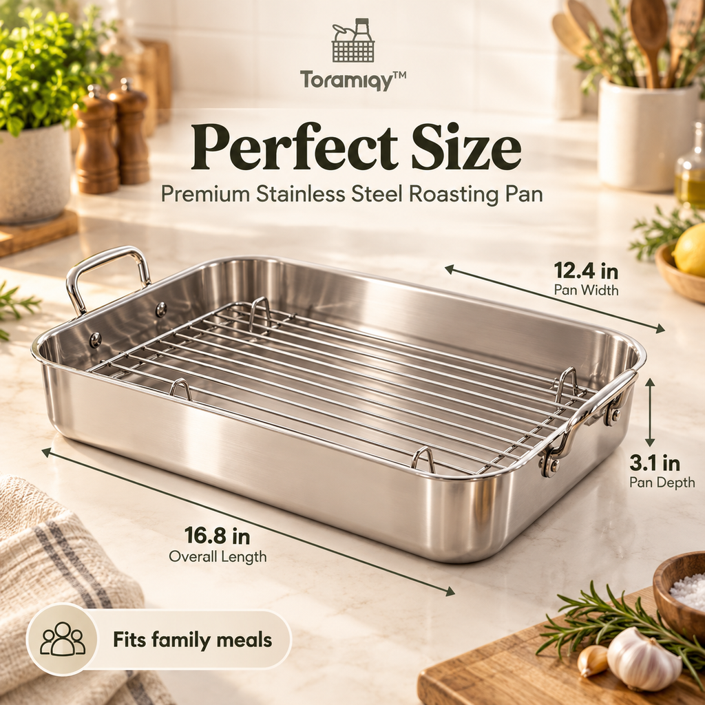 Toramiqy™ Hearth Roaster – Premium Stainless Steel Roasting Pan with Rack, Large Oven Roaster for Turkey, Chicken, Vegetables & Family Meals
