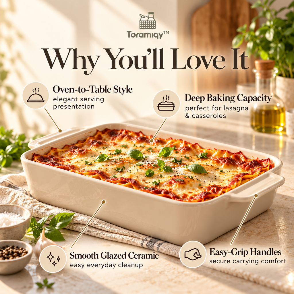 Toramiqy™ Solace Dish – Premium Ceramic Baking Dish, Rectangular Casserole Pan for Lasagna, Roasting, Gratins & Oven-to-Table Serving