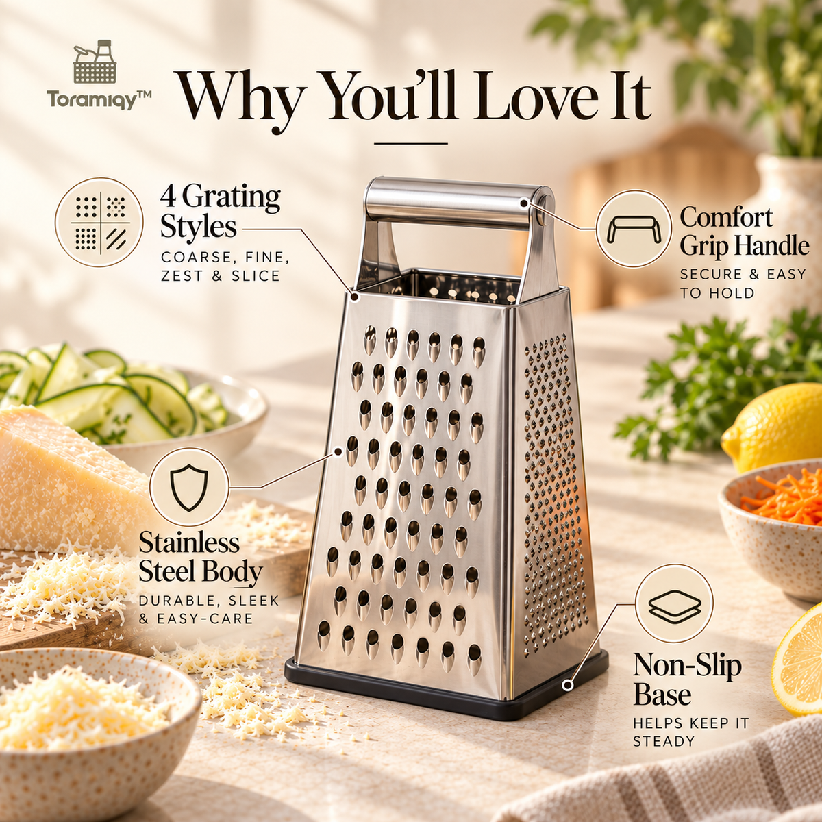 Toramiqy™ Maison Grater – Premium Stainless Steel Box Grater, Multi-Surface Cheese Grater, Vegetable Shredder, Slicer & Zester