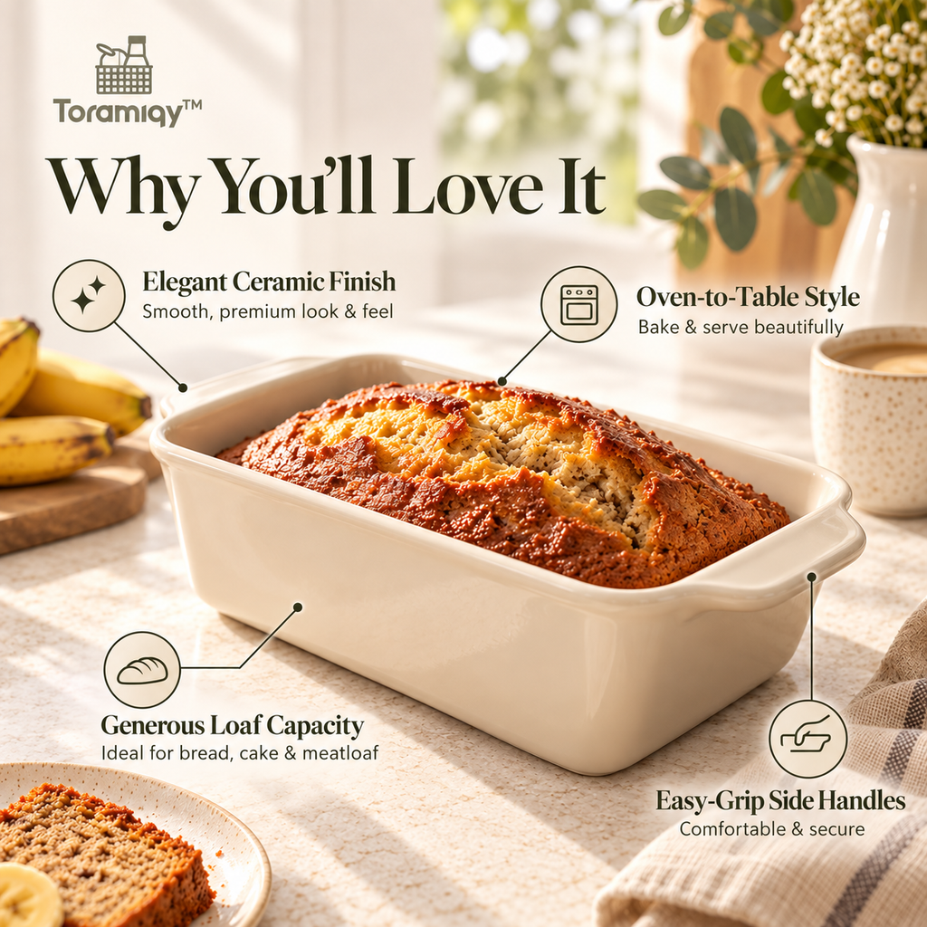 Toramiqy™ Atelier Bake – Premium Ceramic Loaf Pan, Minimalist Bread Baking Dish for Banana Bread, Meatloaf, Cake & Desserts