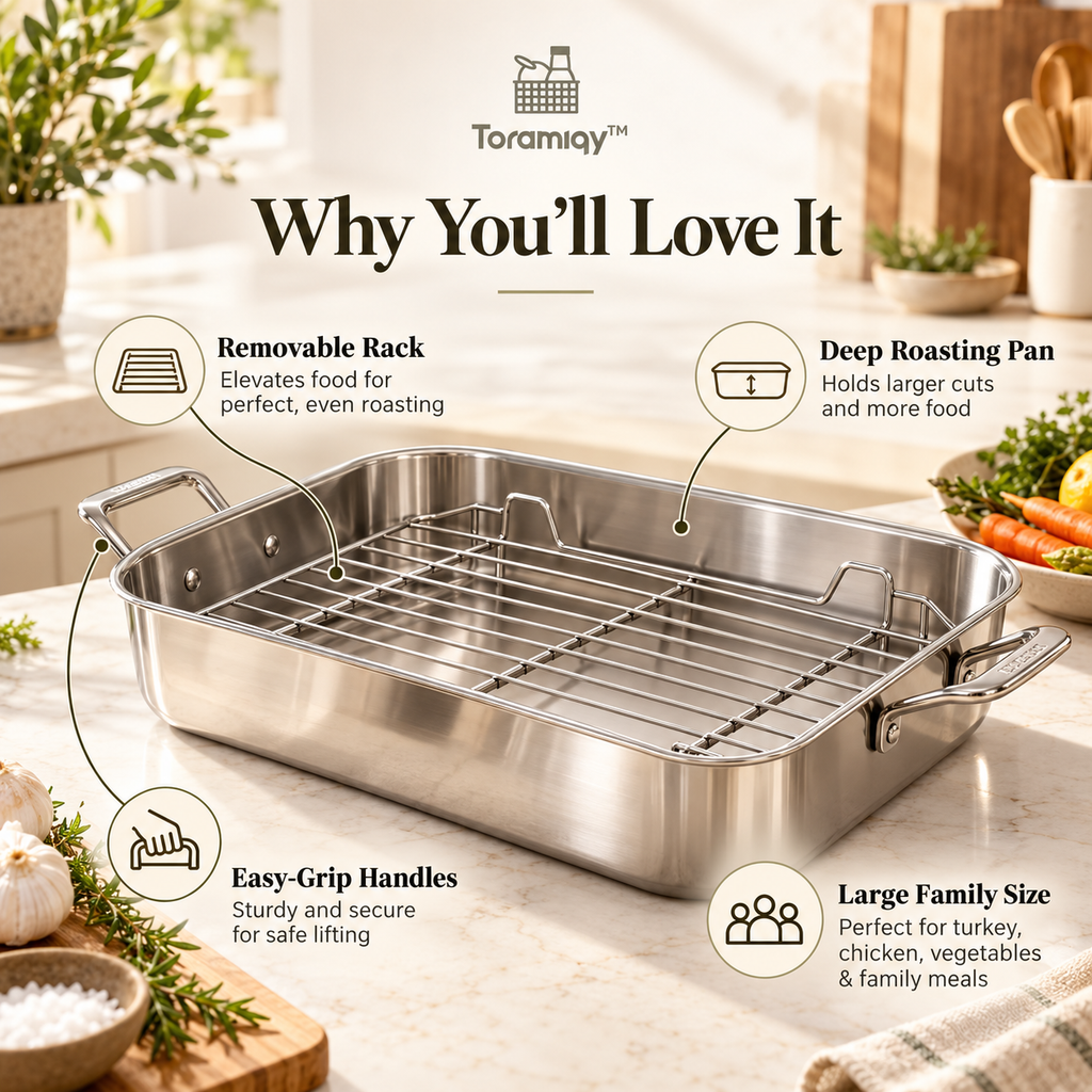 Toramiqy™ Hearth Roaster – Premium Stainless Steel Roasting Pan with Rack, Large Oven Roaster for Turkey, Chicken, Vegetables & Family Meals
