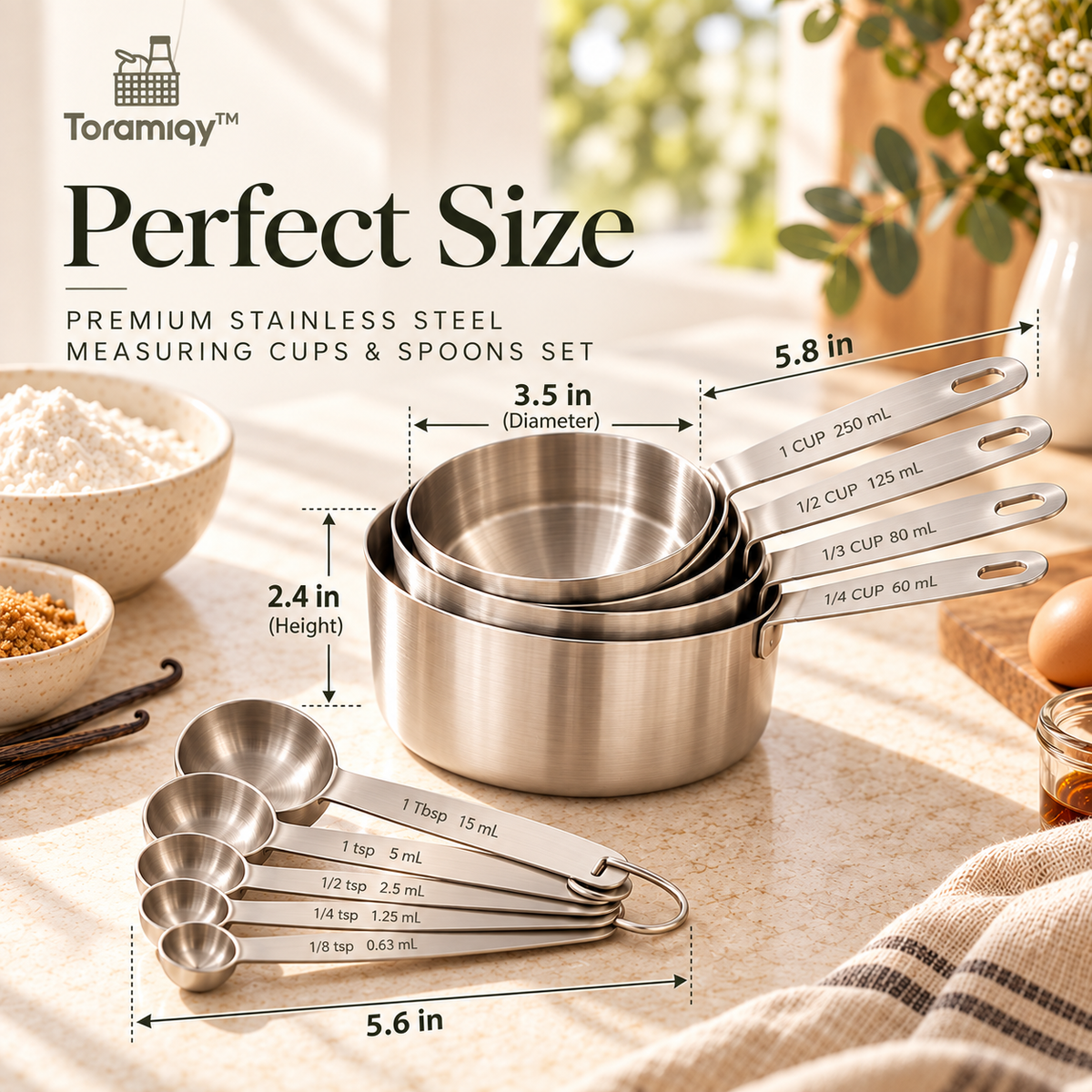 Toramiqy™ Pure Measure – Premium Stainless Steel Measuring Cups & Spoons Set, Nesting Baking Tools for Cooking, Pastry & Meal Prep