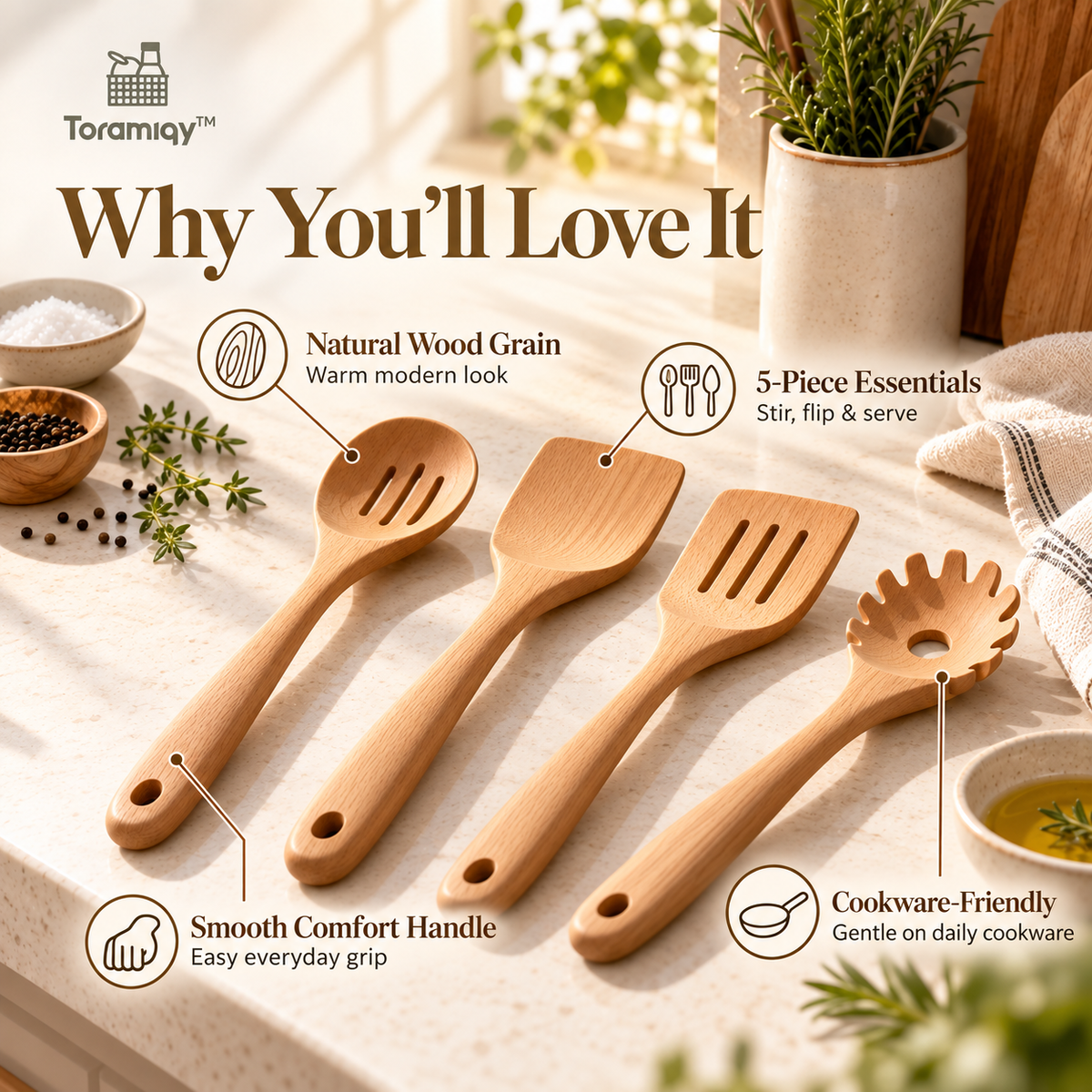 Toramiqy™ Halo Spoon Set – Premium Wooden Cooking Utensil Set, Minimalist Spoons, Spatulas & Turner for Everyday Kitchen Use