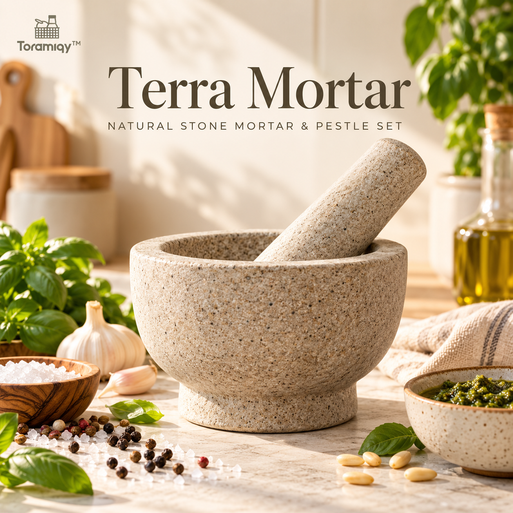 Toramiqy™ Terra Mortar – Natural Stone Mortar & Pestle Set, Premium Spice Grinder for Herbs, Garlic, Seeds, Pesto & Sauces