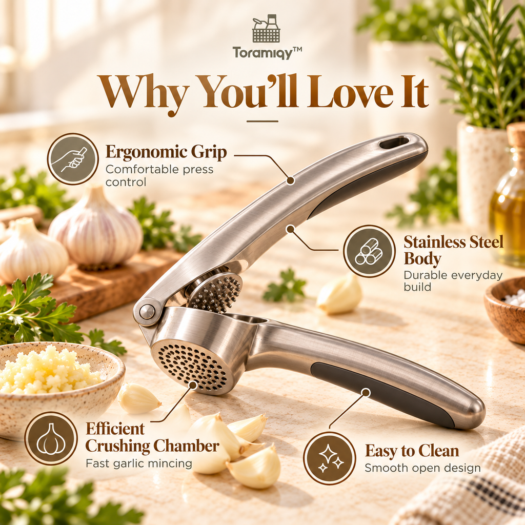 Toramiqy™ Aria Press – Premium Stainless Steel Garlic Press, Ergonomic Garlic Crusher & Mincer for Fast Kitchen Prep
