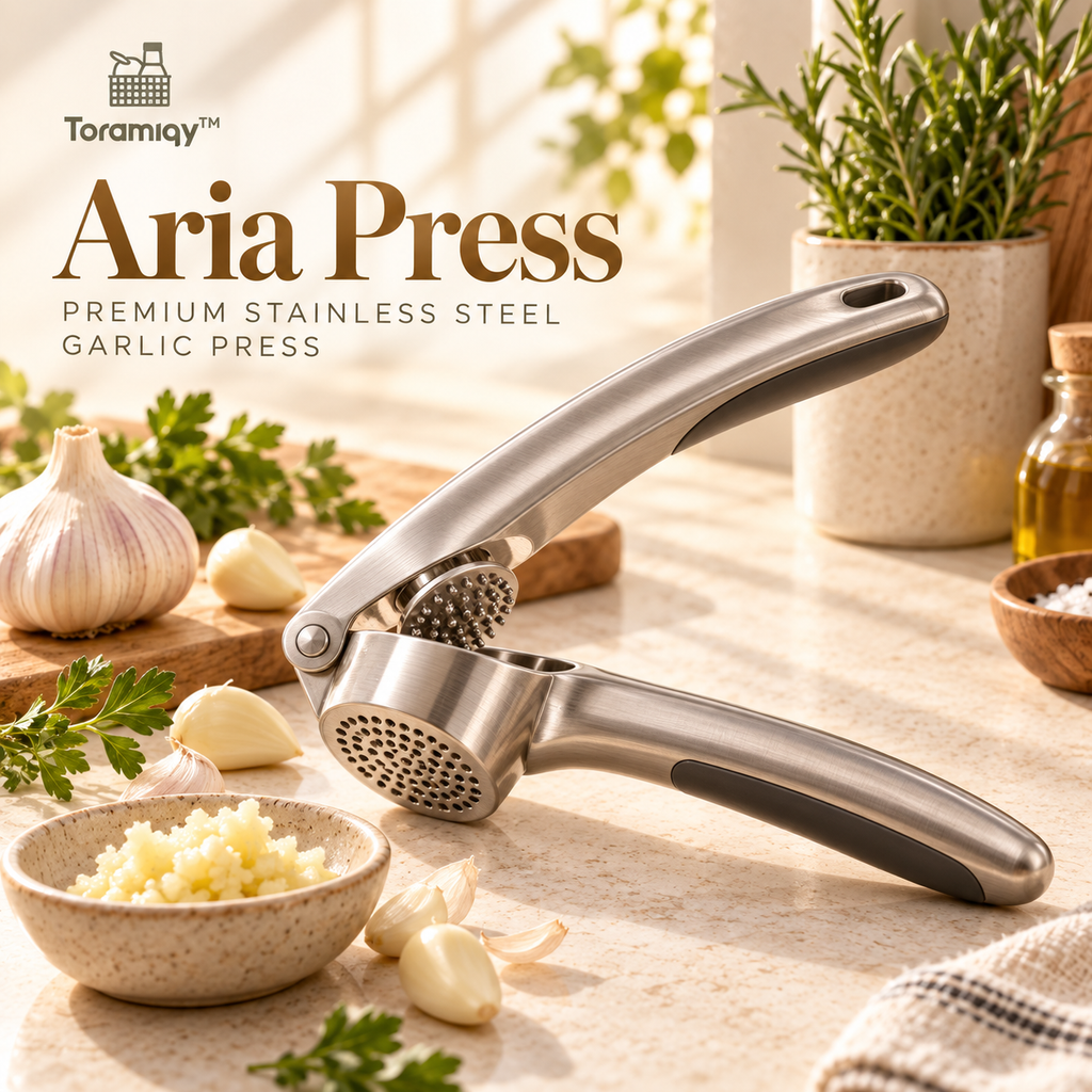 Toramiqy™ Aria Press – Premium Stainless Steel Garlic Press, Ergonomic Garlic Crusher & Mincer for Fast Kitchen Prep