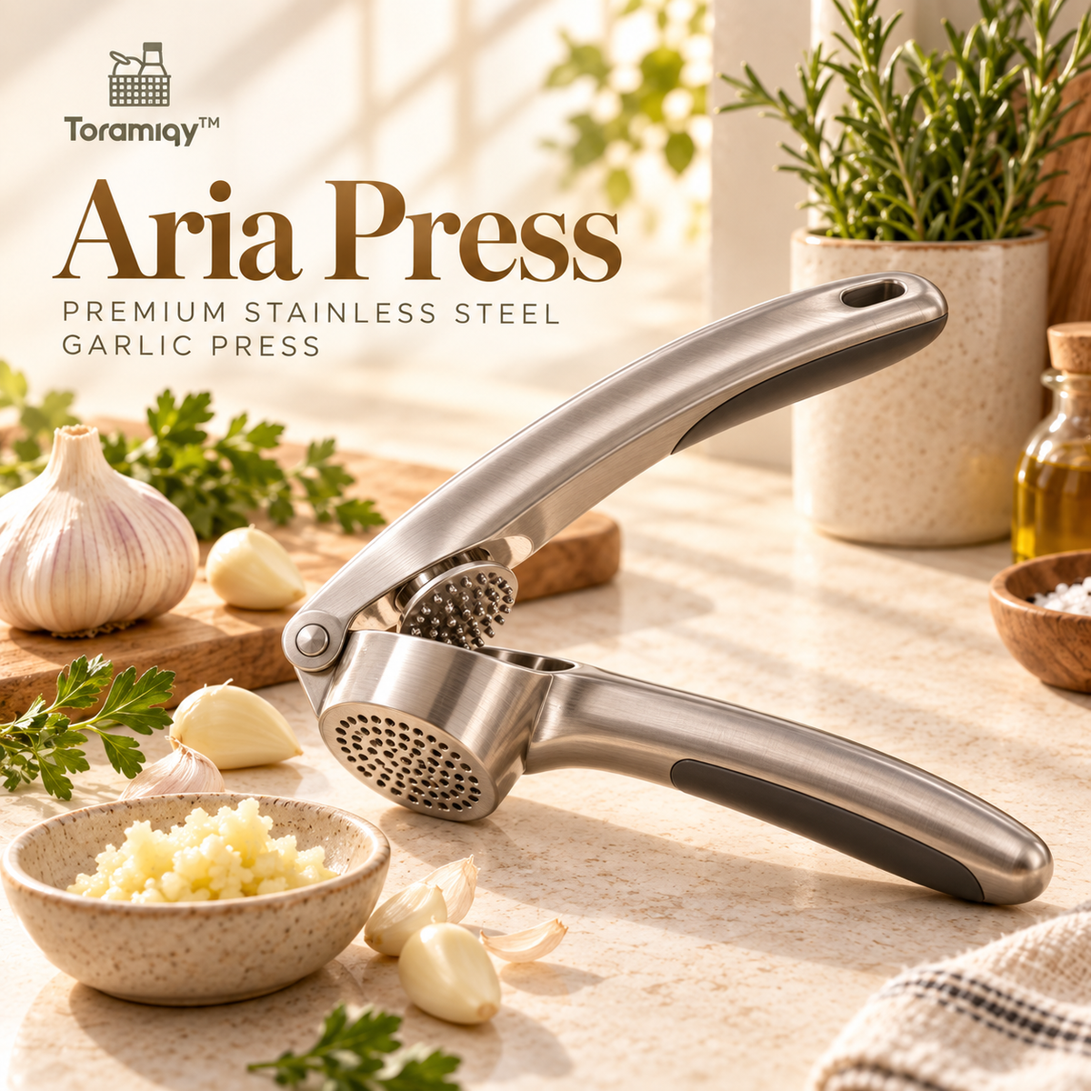 Toramiqy™ Aria Press – Premium Stainless Steel Garlic Press, Ergonomic Garlic Crusher & Mincer for Fast Kitchen Prep
