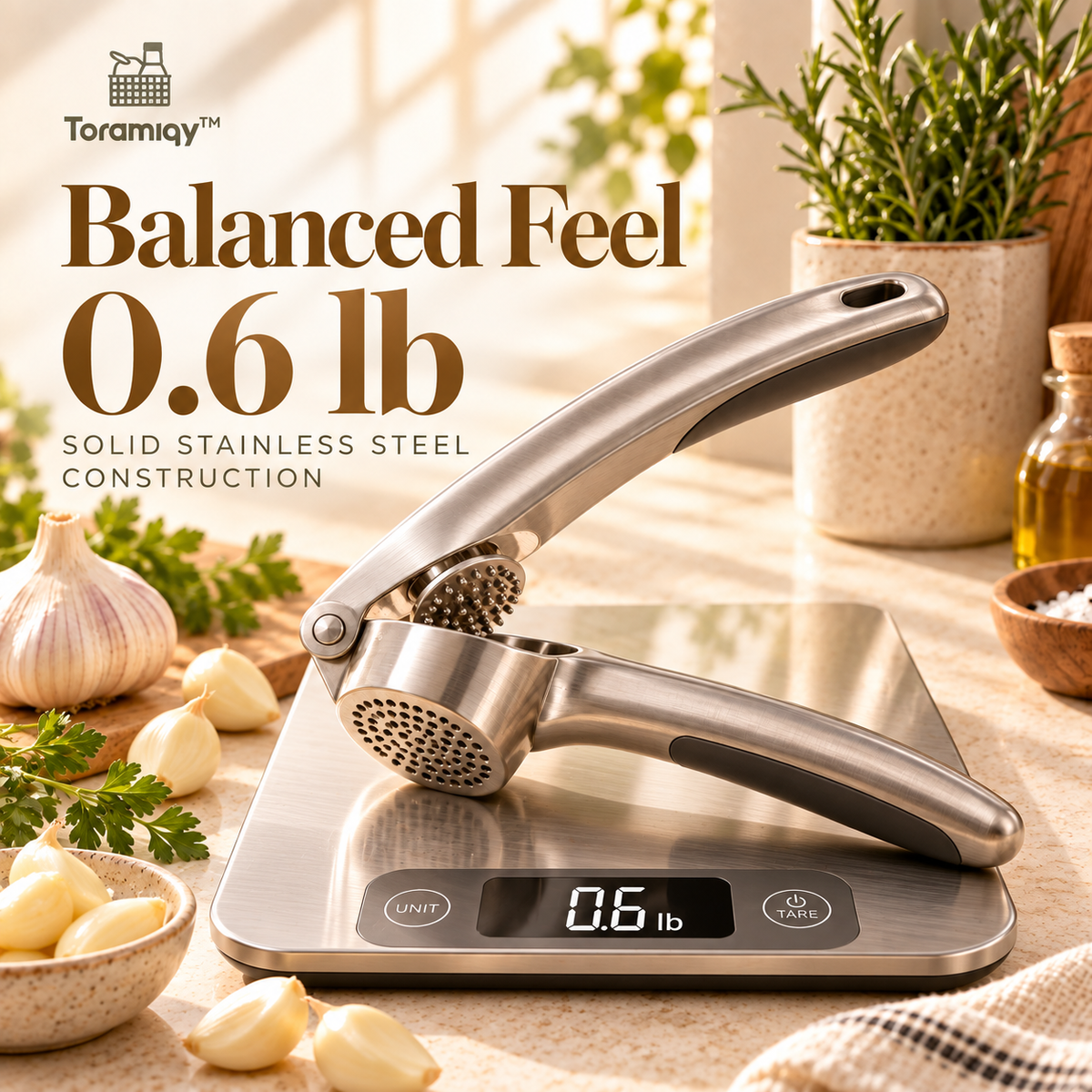 Toramiqy™ Aria Press – Premium Stainless Steel Garlic Press, Ergonomic Garlic Crusher & Mincer for Fast Kitchen Prep