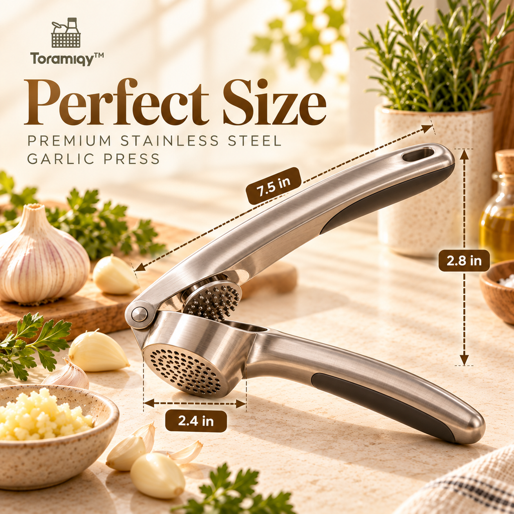 Toramiqy™ Aria Press – Premium Stainless Steel Garlic Press, Ergonomic Garlic Crusher & Mincer for Fast Kitchen Prep