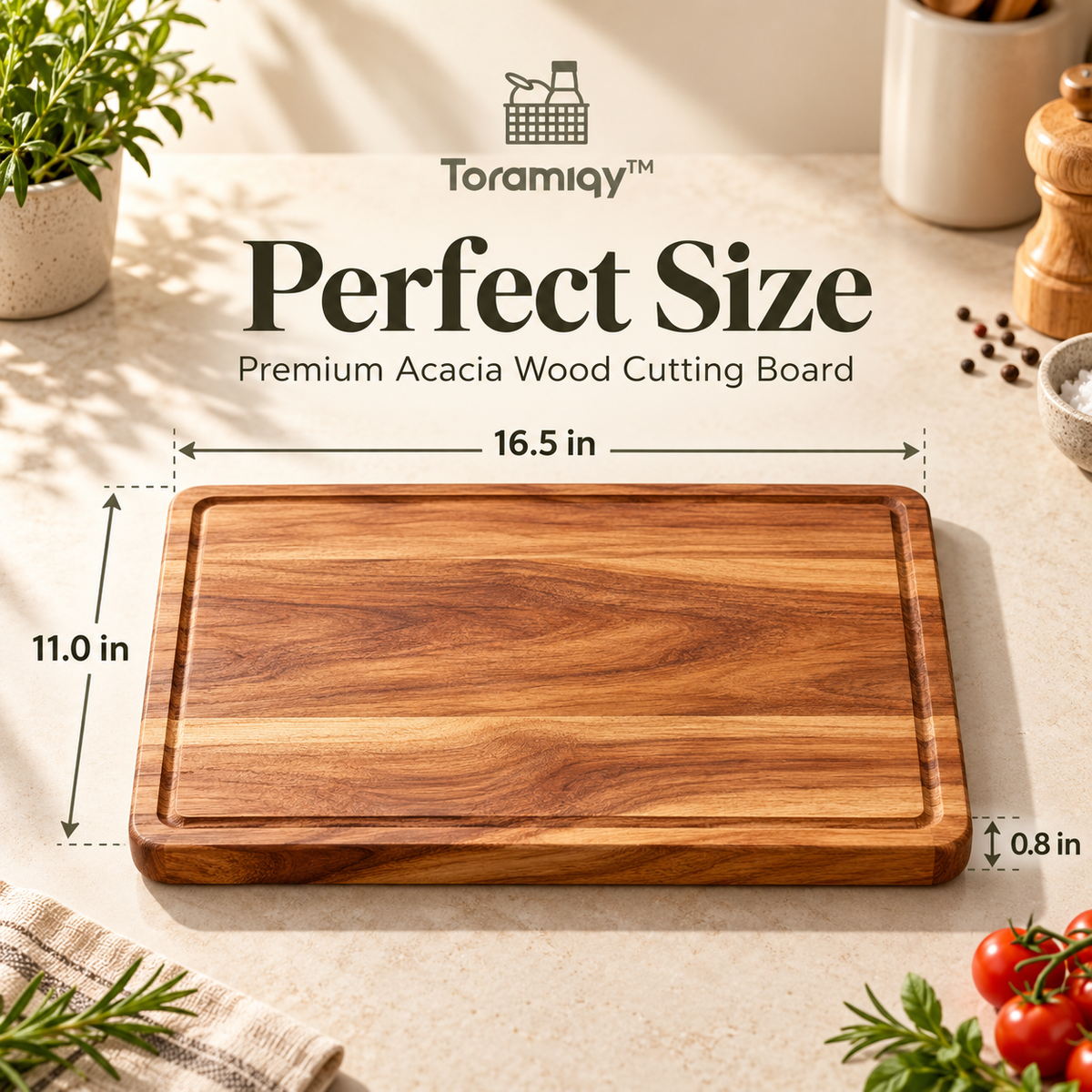 Toramiqy™ Maison Board – Premium Acacia Wood Cutting Board, Reversible Chopping Board, Charcuterie & Serving Board