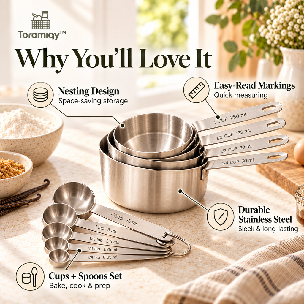 Toramiqy™ Pure Measure – Premium Stainless Steel Measuring Cups & Spoons Set, Nesting Baking Tools for Cooking, Pastry & Meal Prep