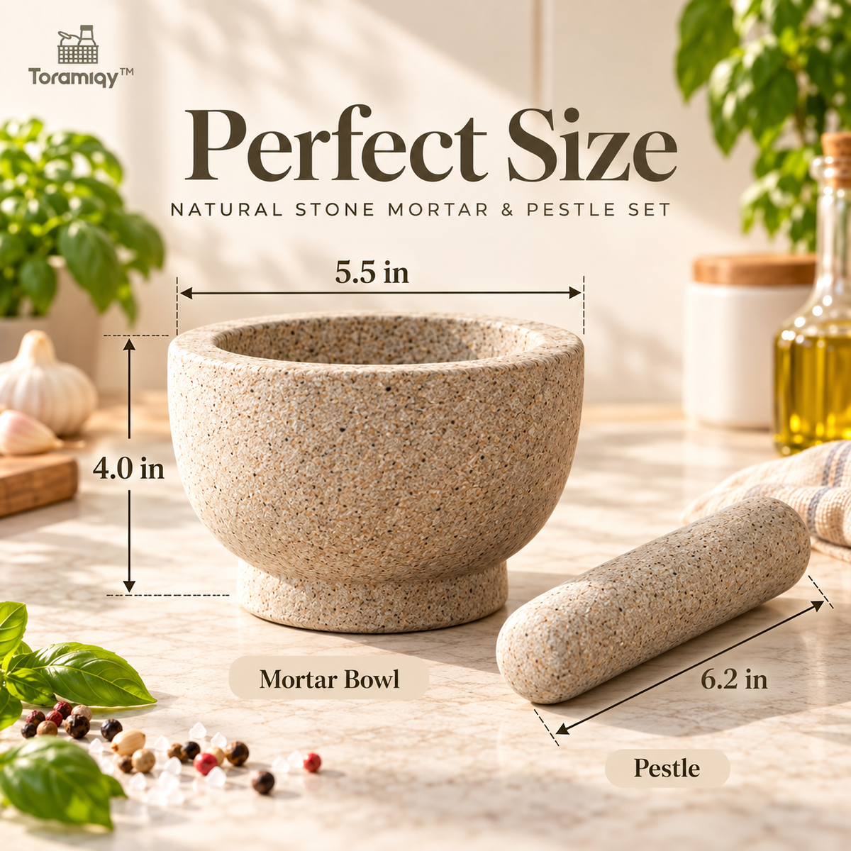 Toramiqy™ Terra Mortar – Natural Stone Mortar & Pestle Set, Premium Spice Grinder for Herbs, Garlic, Seeds, Pesto & Sauces