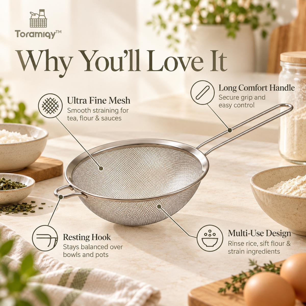 Toramiqy™ Ritual Strainer – Premium Stainless Steel Fine Mesh Strainer, Kitchen Sieve for Rice, Tea, Flour, Sauces & Food Prep