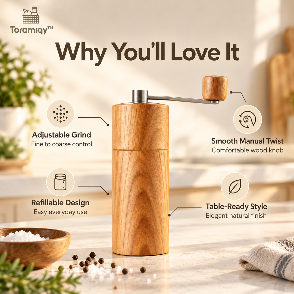 Toramiqy™ Lumi Mill – Adjustable Manual Salt & Pepper Grinder, Premium Spice Mill for Peppercorns, Sea Salt & Table Seasoning