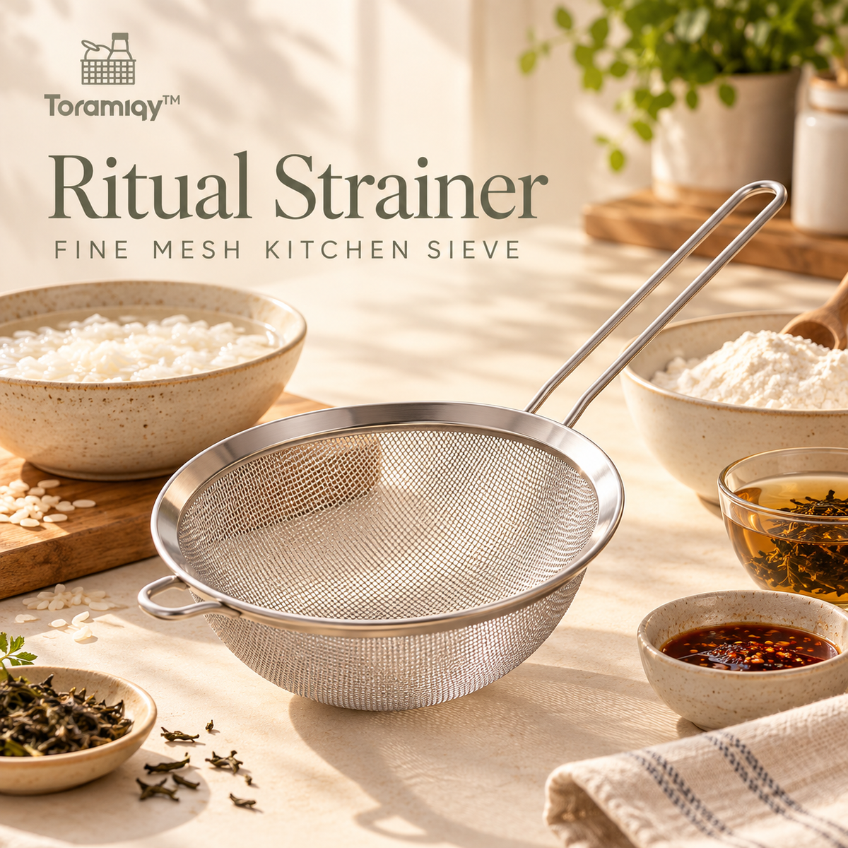 Toramiqy™ Ritual Strainer – Premium Stainless Steel Fine Mesh Strainer, Kitchen Sieve for Rice, Tea, Flour, Sauces & Food Prep