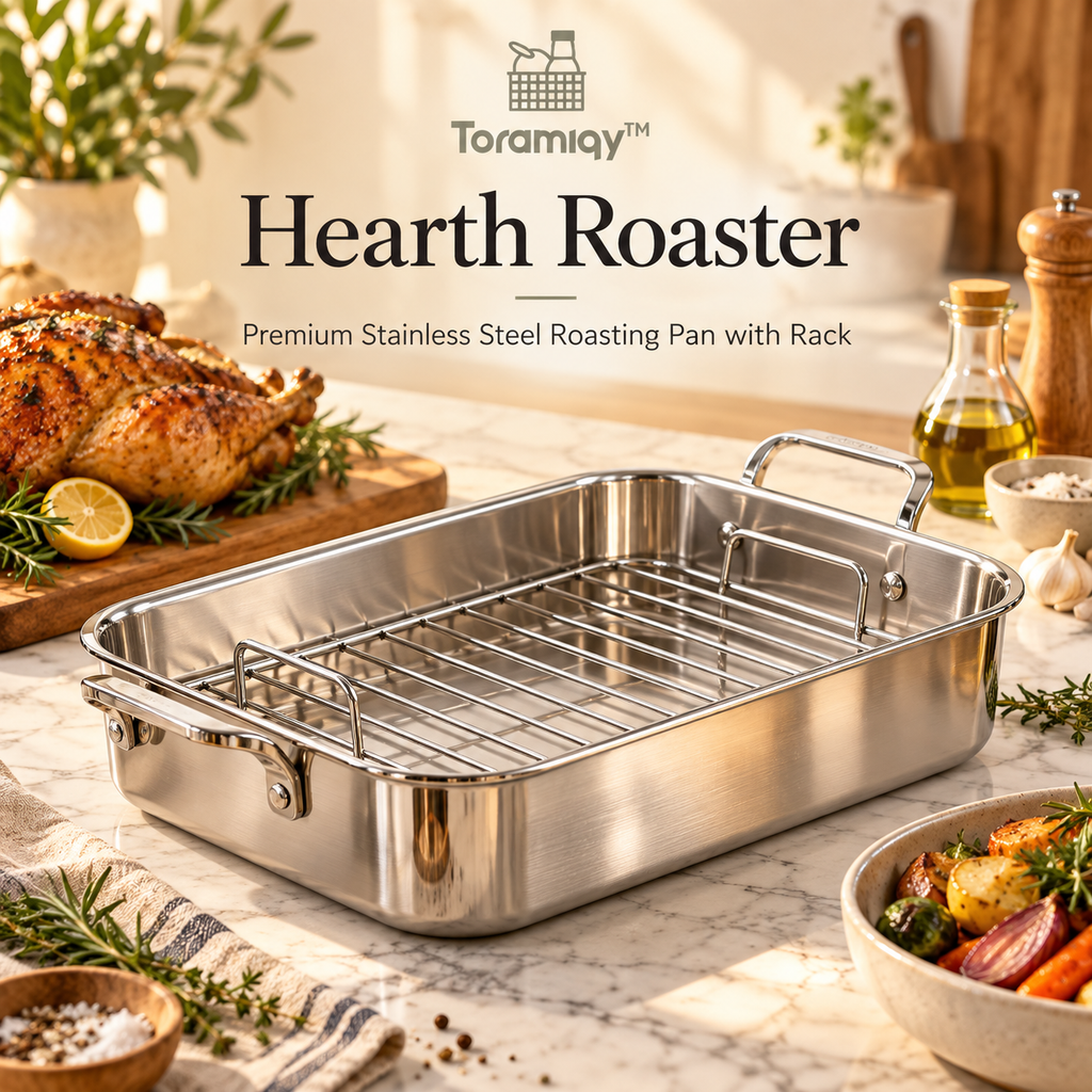 Toramiqy™ Hearth Roaster – Premium Stainless Steel Roasting Pan with Rack, Large Oven Roaster for Turkey, Chicken, Vegetables & Family Meals