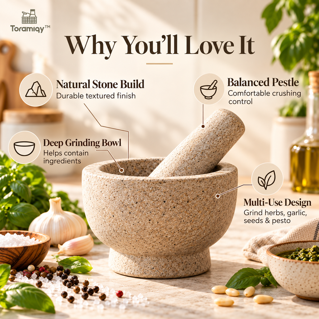 Toramiqy™ Terra Mortar – Natural Stone Mortar & Pestle Set, Premium Spice Grinder for Herbs, Garlic, Seeds, Pesto & Sauces