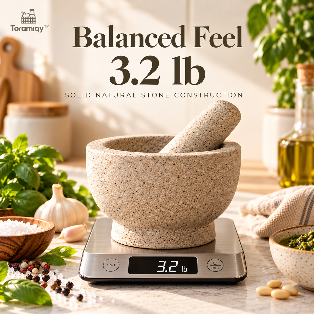 Toramiqy™ Terra Mortar – Natural Stone Mortar & Pestle Set, Premium Spice Grinder for Herbs, Garlic, Seeds, Pesto & Sauces